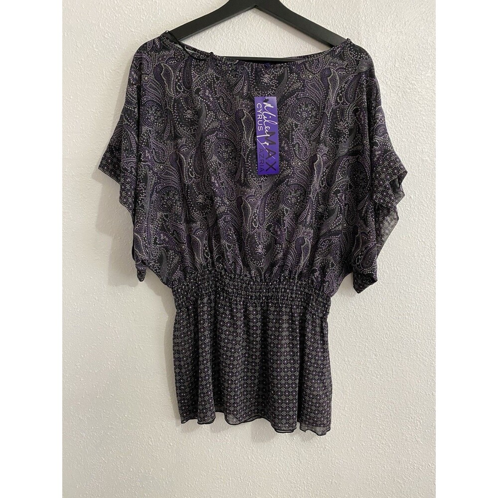 Miley Cyrus Max Azria Blouse L grey purple elastic waist peplum dressy sheer H44